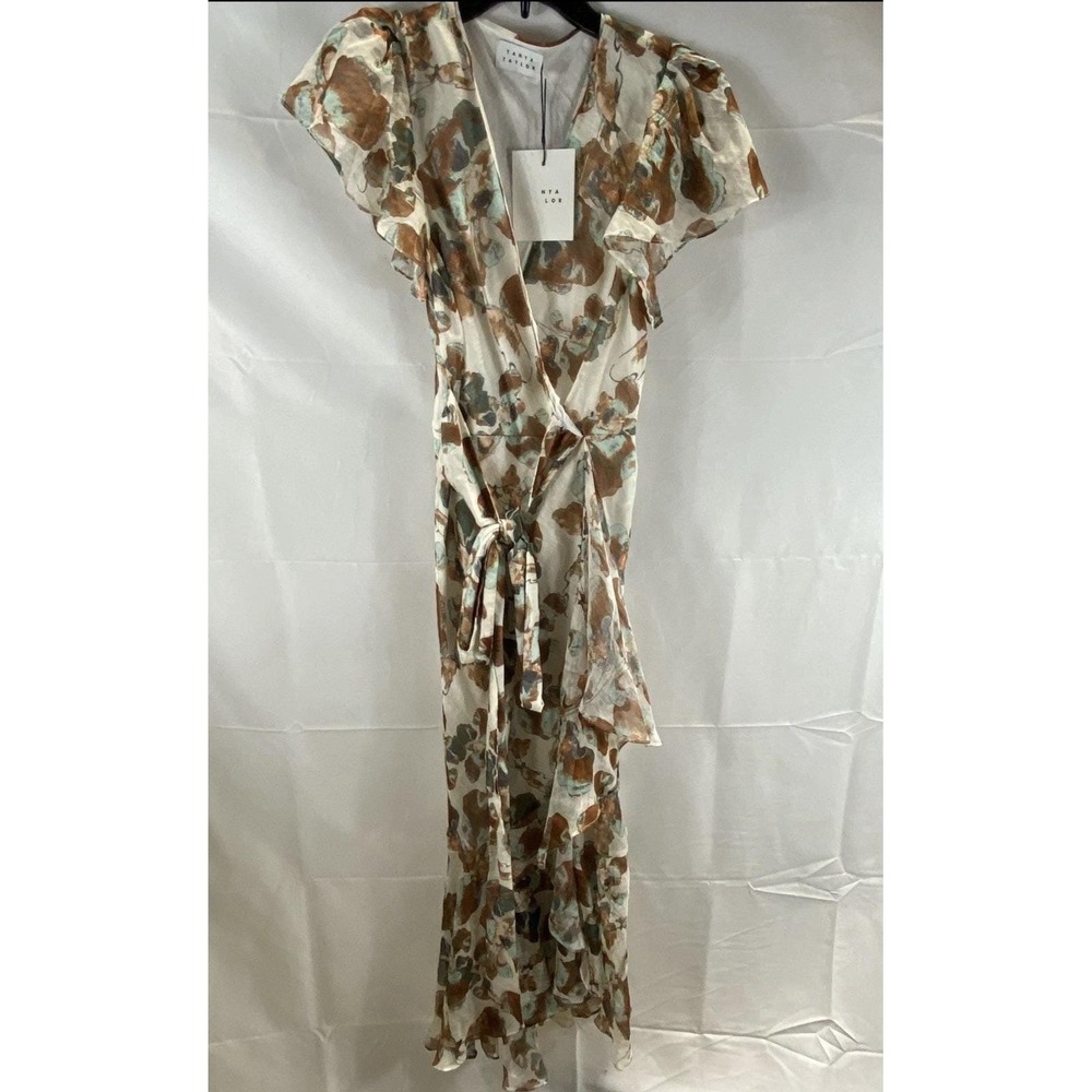 NWT Tanya Taylor Women'sBeige Blaire Printed Linen & Silk Wrap Dress Size 2